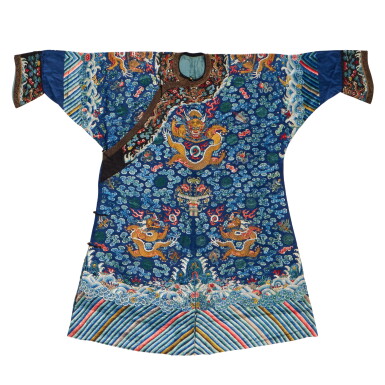 View full screen - View 1 of Lot 155. An embroidered blue-ground silk 'dragon' robe, Qing dynasty, 19th century.
