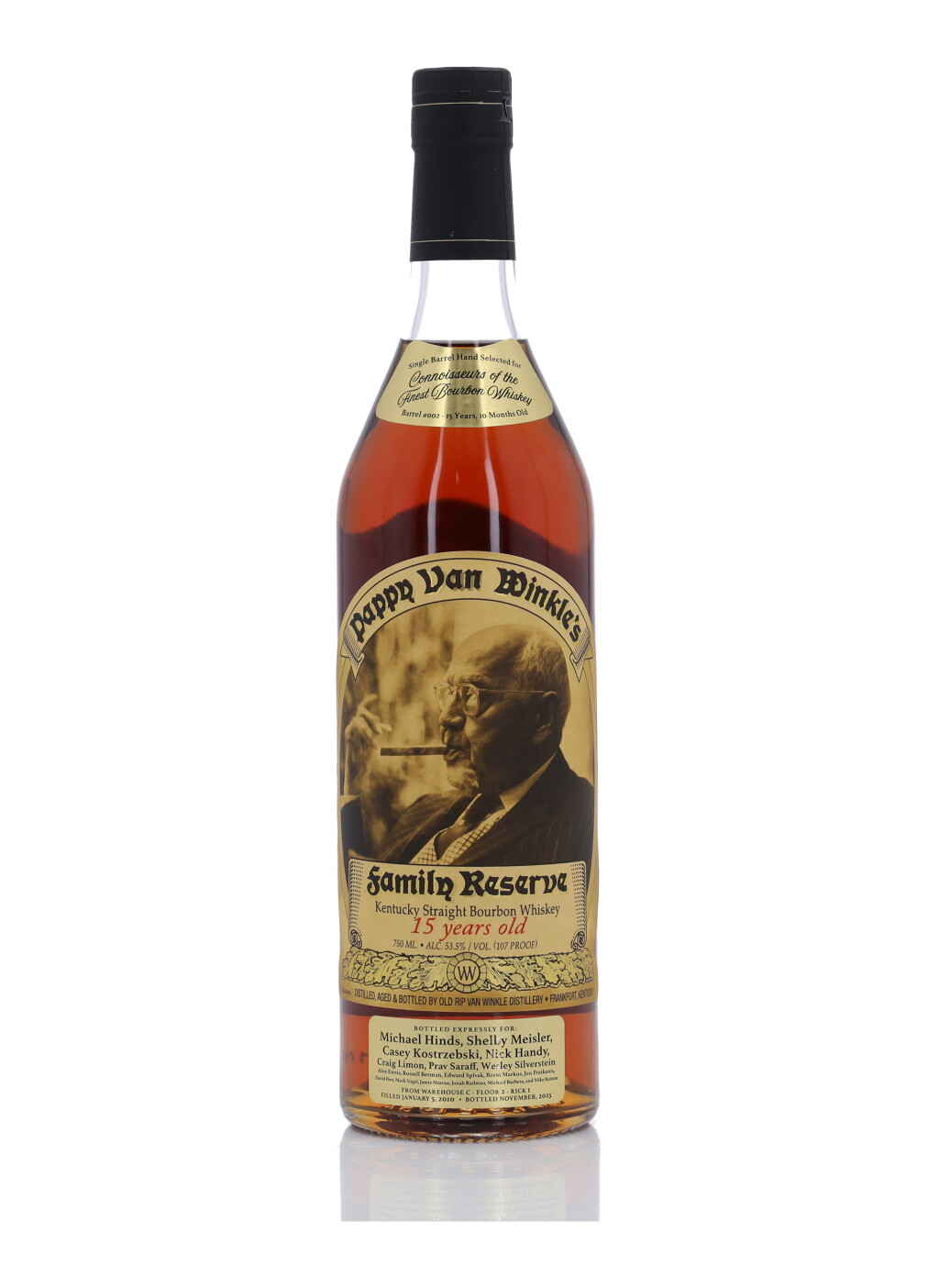View full screen - View 1 of Lot 325. Pappy Van Winkle 15 Year Old Single Barrel #002 "Connoisseurs of the Finest Bourbon Whiskey" 107 Proof 2010 (1 Bottle 75cl).