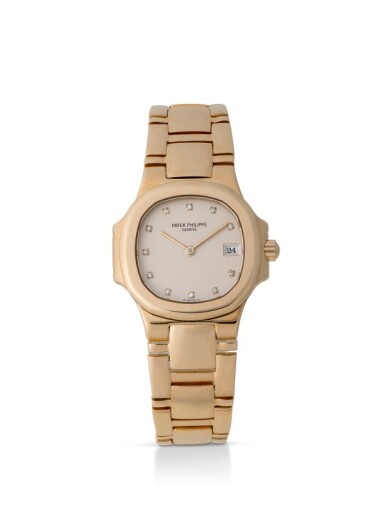View full screen - View 1 of Lot 62. PATEK PHILIPPE | NAUTILUS, REF 4700/51 YELLOW GOLD AND DIAMOND-SET WRISTWATCH WITH DATE AND BRACELET MADE IN 1988.