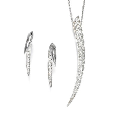 View full screen - View 1 of Lot 156. Diamond pendant necklace, 'Sabre' and a pair of diamond earrings, 'Hook', 2016.