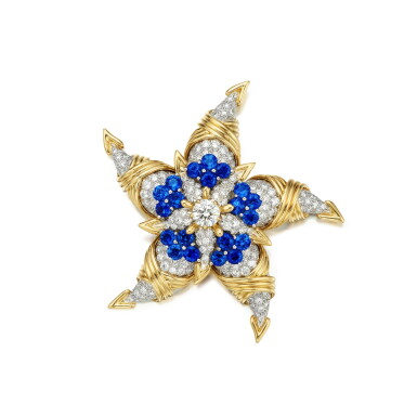 View full screen - View 1 of Lot 52. Tiffany & Co. Schlumberger | Gold, Sapphire and Diamond 'Starfish' Clip-Brooch | Schlumberger 蒂芙尼 黃金鑲藍寶石及鑽石「Starfish」別針.
