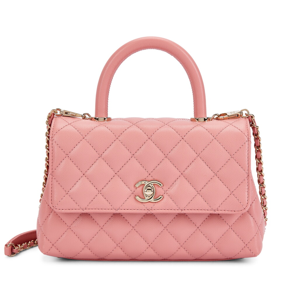 View full screen - View 1 of Lot 6003. Important Private Collection: Pink Quilted Caviar Flap Bag with Top Handle Pale Gold Hardware .