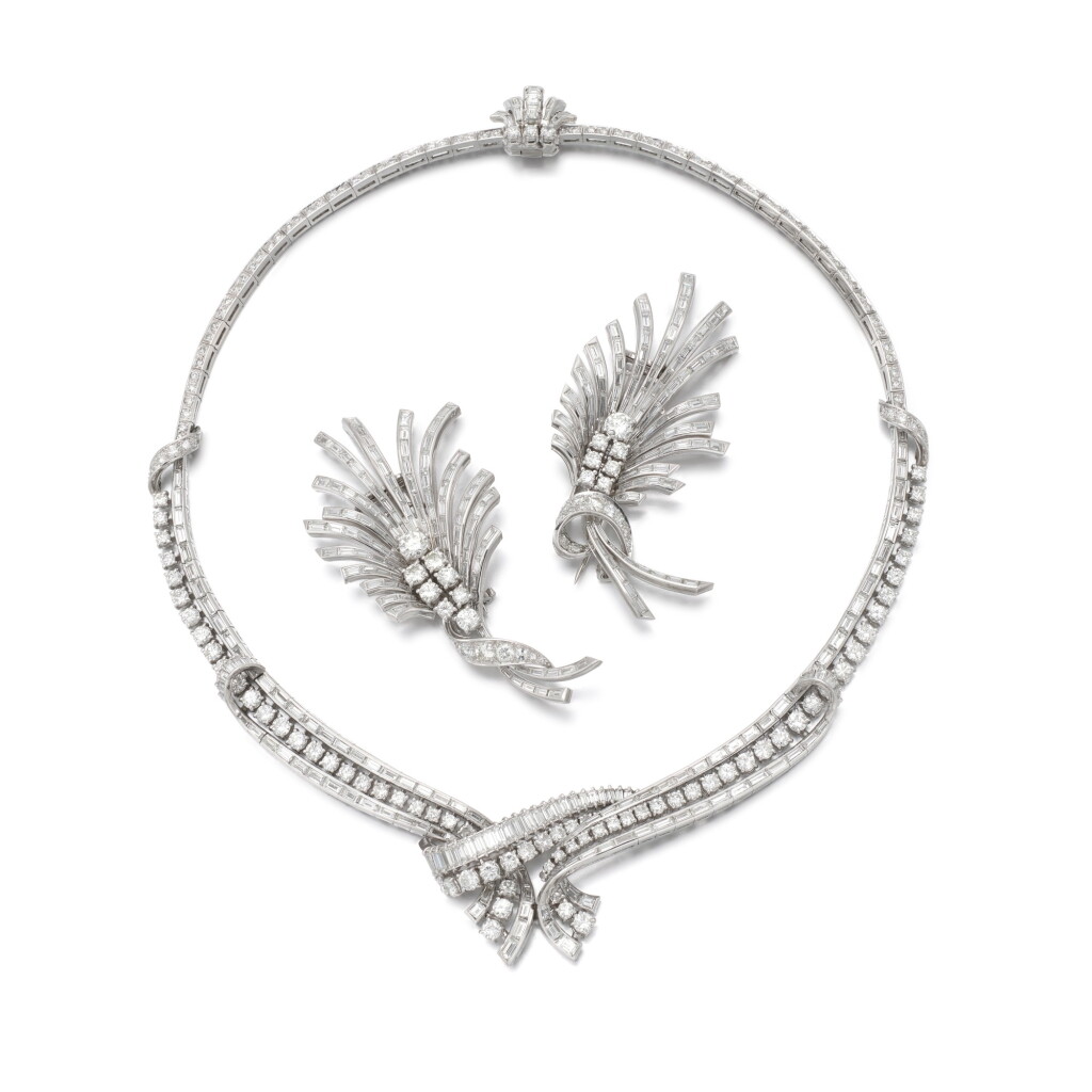 View full screen - View 1 of Lot 26. Diamond Necklace and Double-Clip Brooch.