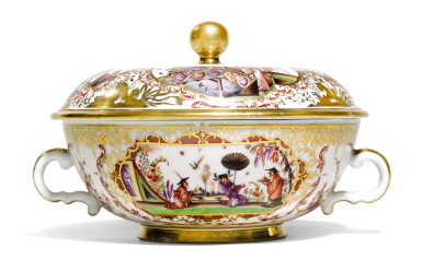 View full screen - View 1 of Lot 54. A Meissen chinoiserie two-handled circular bowl and cover, Circa 1728.