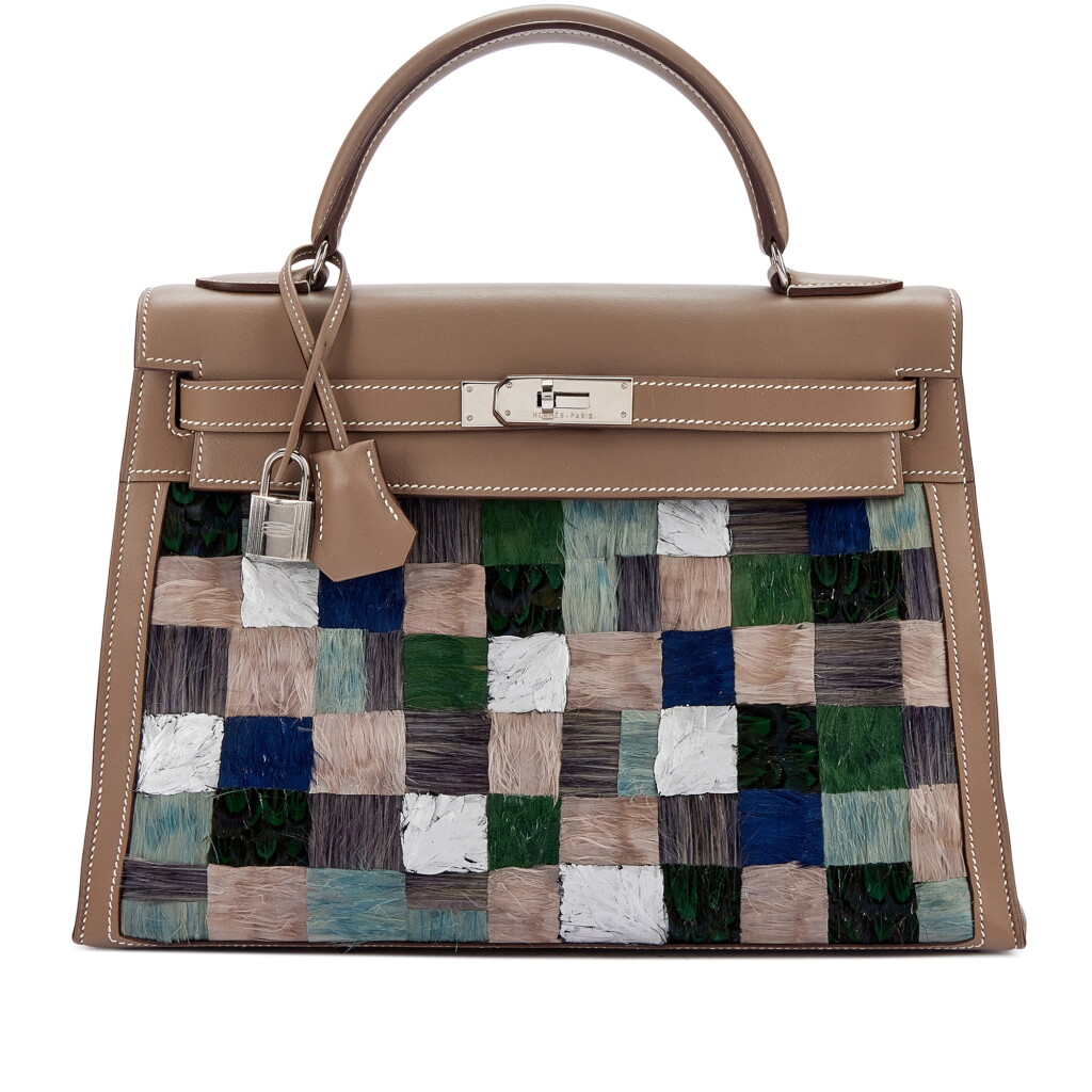 View full screen - View 1 of Lot 9617. Important Private Collection: A Rare and Extraordinary Limited Edition Multicolor Feather Embroidery and Etoupe Swift Mosaique Kelly 32 Sellier Palladium Hardware, 2010.