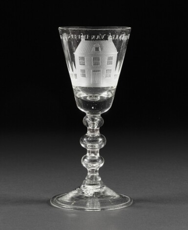 View full screen - View 1 of Lot 6. A Dutch engraved baluster goblet, circa 1745 | Coupe en verre gravé, vers 1745.