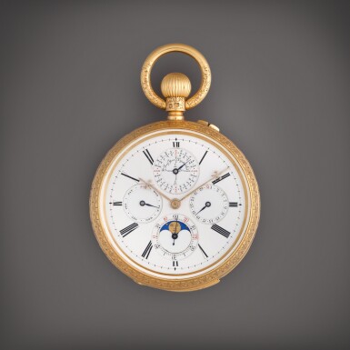 View full screen - View 1 of Lot 488. A heavy yellow gold minute repeating perpetual calendar open faced watch with moon phases and leap year indication, Circa 1890.