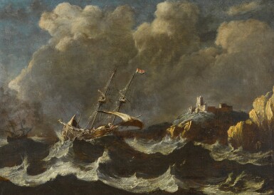 View full screen - View 1 of Lot 26. A Dutch boat in choppy seas off a rocky coast.