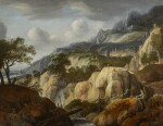 JAN LOOTEN | A MOUNTAINOUS LANDSCAPE WITH TRAVELLERS ON A PATH NEAR A WATERFALL AND A DRAUGHTSMAN ON A ROCK, A TOWN BEYOND