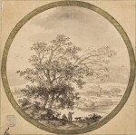 A pair of landscapes: A) Figures and a dog beneath a tree B) Figures walking towards a church