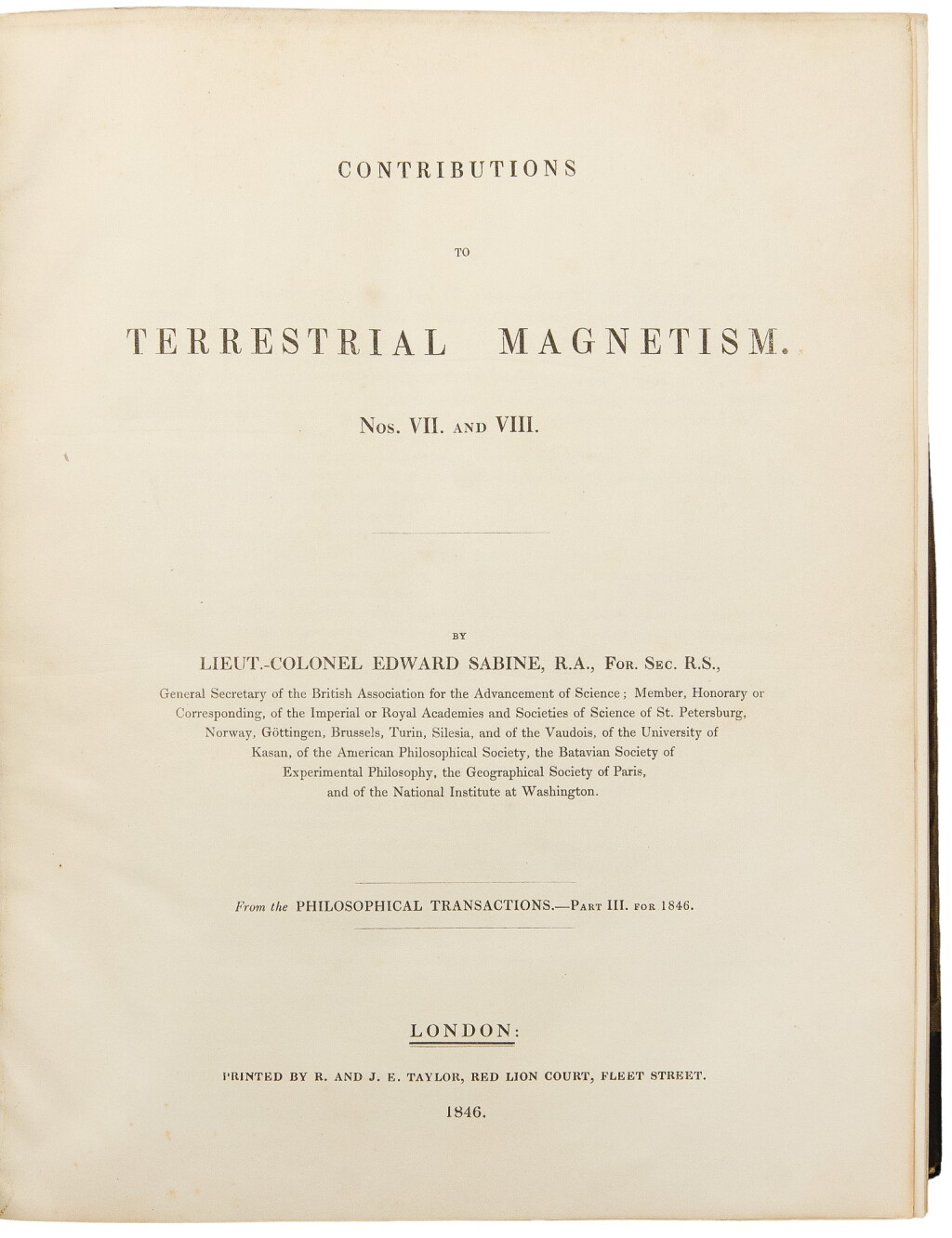View full screen - View 1 of Lot 121. Sabine, Edward, J. M. Gilliss, and Others. Sammelband of works relating to the earth's magnetism, astronomy and meteorology, collected by a noted American topographical engineer.