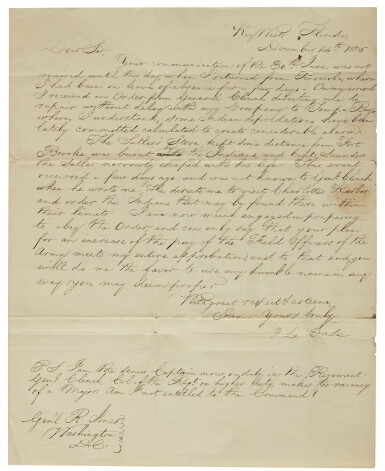 View full screen - View 1 of Lot 2113. Florida: Dade, Francis Langhorne. Autograph letter signed to General Roger Jones, 14 Dec 1835.