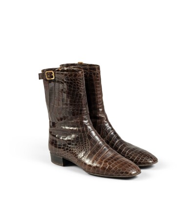 View full screen - View 1 of Lot 252. Pair of chocolate-colored crocodile porosus ankle boots, circa 1965.