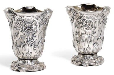 View full screen - View 1 of Lot 92. ROYAL. A PAIR OF GERMAN SILVER BEAKERS, UNMARKED, PROBABLY BERLIN, CIRCA 1860.
