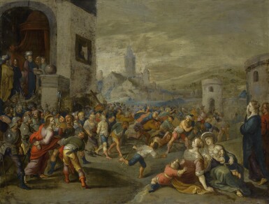 View full screen - View 1 of Lot 108. ATTRIBUTED TO FRANS FRANCKEN THE YOUNGER | Christ on the road to calvary, Pilate washing his hands to the left.