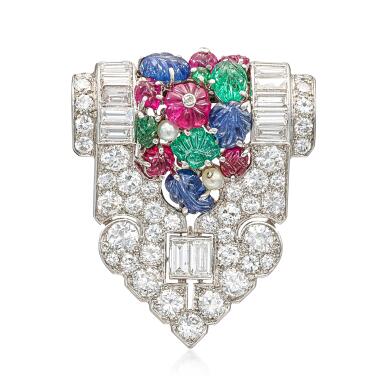 View full screen - View 1 of Lot 1233. COLOURED STONE AND DIAMOND 'TUTTI FRUTTI' BROOCH | 卡地亞 | 彩色寶石 配 鑽石 'TUTTI FRUTTI' 胸針.
