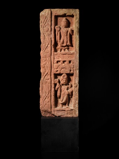 View full screen - View 1 of Lot 153. A mottled red sandstone panel of Buddha and bodhisattvas, Central India, Mathura, 2nd century.