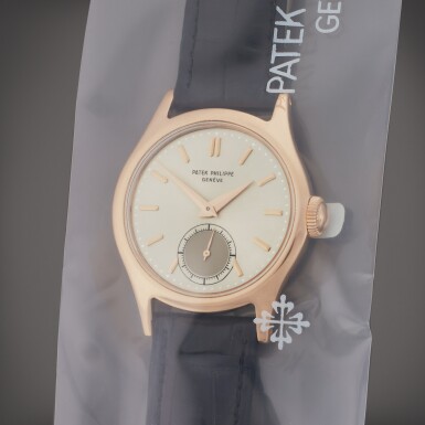 View full screen - View 1 of Lot 93. Reference 565R Calatrava | A pink gold wristwatch, Service Sealed, Circa 1950.