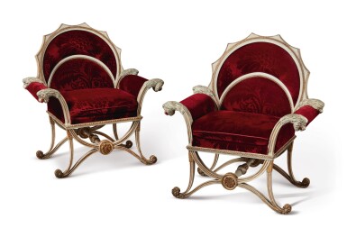 View full screen - View 1 of Lot 131. A PAIR OF AUSTRO-HUNGARIAN NEOCLASSICAL WHITE PAINTED AND PARCEL GILT ARMCHAIRS, CIRCA 1800.
