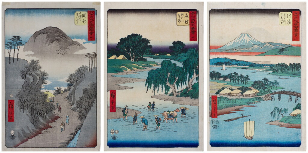 View full screen - View 1 of Lot 108. Utagawa Hiroshige (1797-1858) | Three woodblock prints from the series Famous Sights of the Fifty-three Stations (Gojusan tsugi meisho zue), also known as the Vertical Tokaido | Edo period, 19th century.