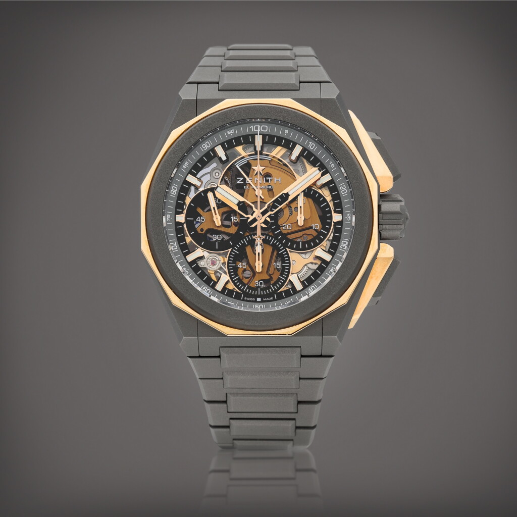 全螢幕檢視 - 查看8789Defy Extreme, Reference 87.9100.9004/03.I001 | A titanium and pink gold semi-skeletonised 1/100th of a second chronograph wristwatch with chronograph power reserve indication and bracelet, Circa 2022 | 真力時 | Defy Extreme 型號87.9100.9004/03.I001 | 鈦金屬及粉紅金半鏤空百分一秒計時鏈帶腕錶,備計時動力儲備顯示,約2022年製的1