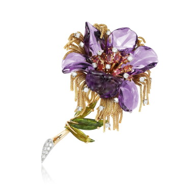 View full screen - View 1 of Lot 67. Amethyst, tourmaline and diamond brooch, 1960s.