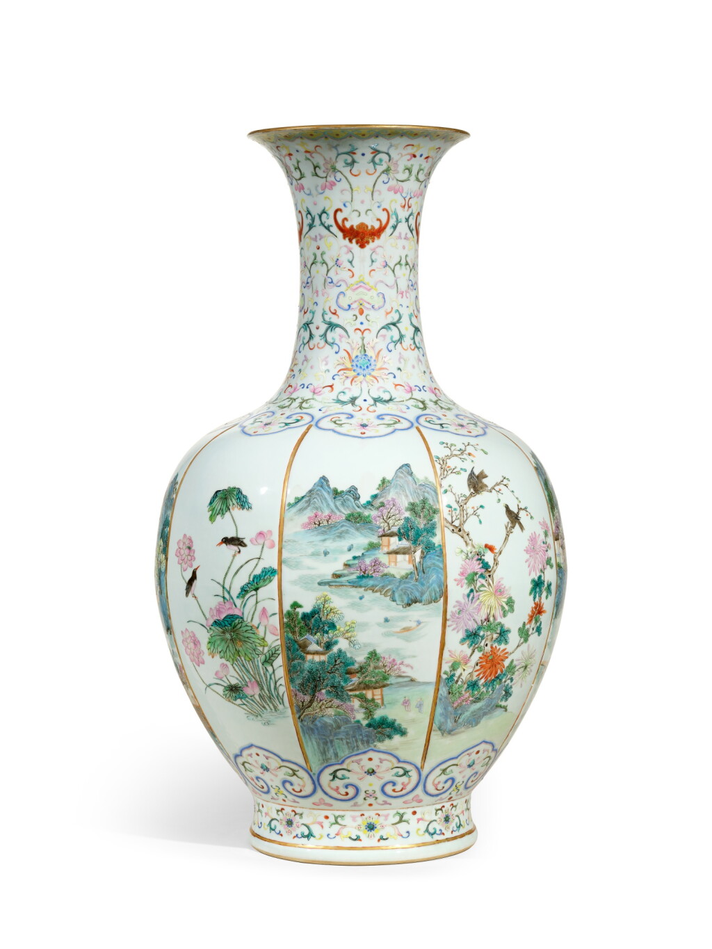 View full screen - View 1 of Lot 9849. A rare large famille-rose baluster vase, Qing dynasty, late Qianlong period| 清乾隆晚期 粉彩八棱開光山水花卉圖大瓶.