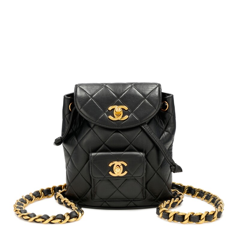 chanel vintage mini backpack 24A CLASSIC Wool Tweed & Gold-Tone Metal Lilac Single exterior compartment with a snap closure Black Quilted Lambskin Mini Timeless