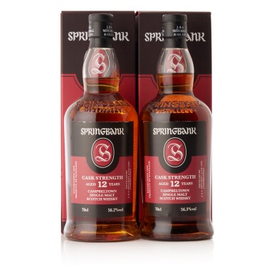 View full screen - View 1 of Lot 6127. Springbank 12 Year Old Cask Strength 56.2 and 56.3 abv NV (2 BT70).