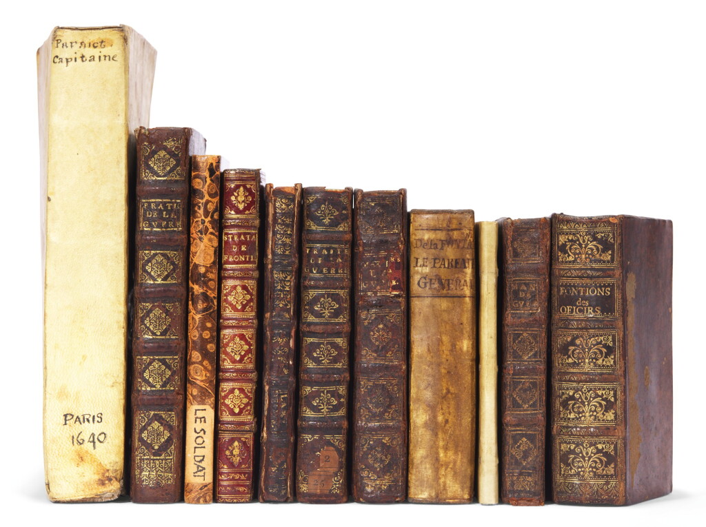View full screen - View 1 of Lot 191. French, 17th century military works, 11 vol., by Rohan, Frontinus, Calvacabo, La Vallière, and others.