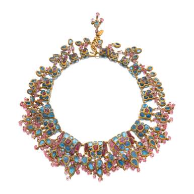 View full screen - View 1 of Lot 711. Pink and Blue Glass Beaded Gold Plated Victoire de Castellane Wreath Necklace, Cir 1984.