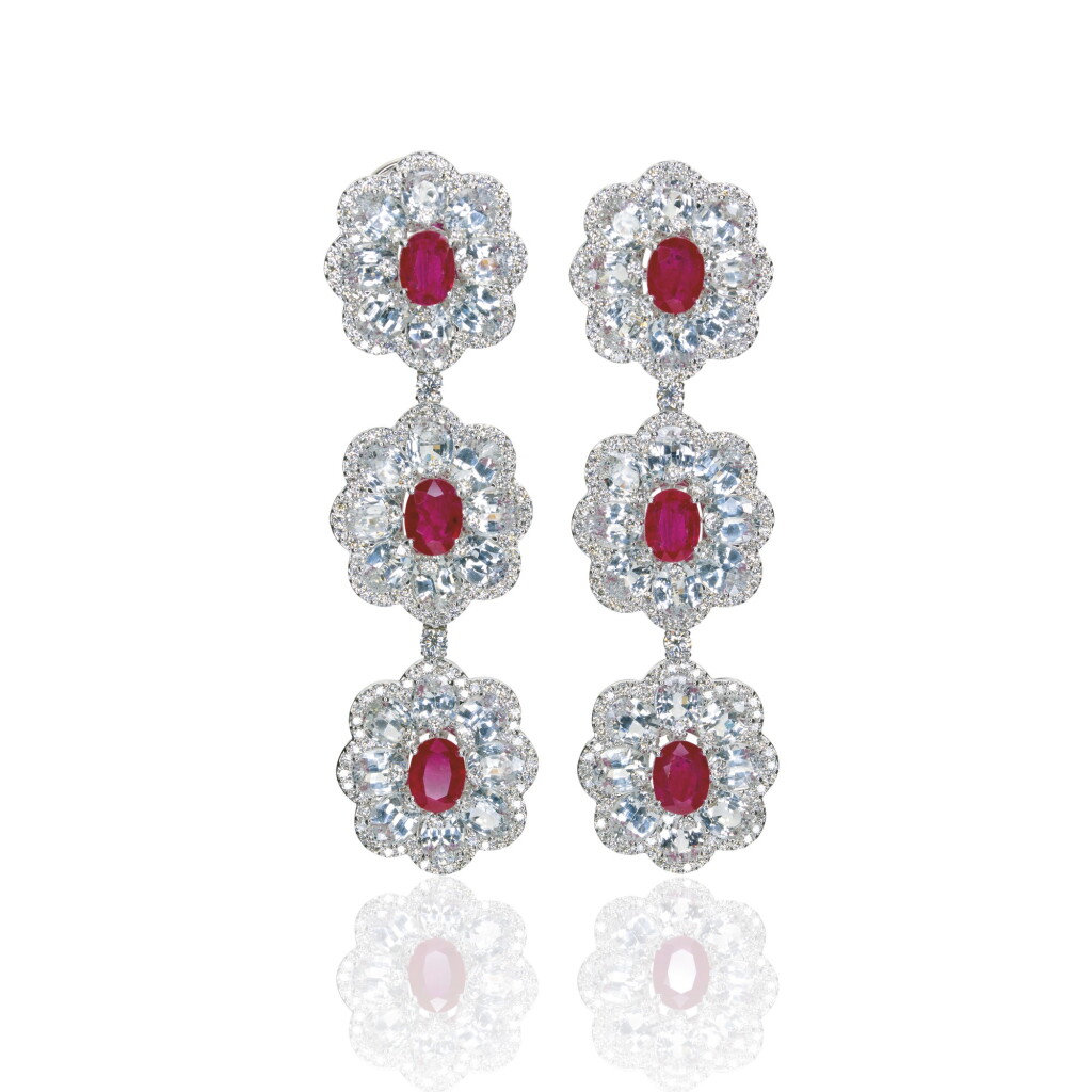 View full screen - View 1 of Lot 5. PAIR OF RUBY, WHITE SAPPHIRE AND DIAMOND EARRINGS, MICHELE DELLA VALLE.