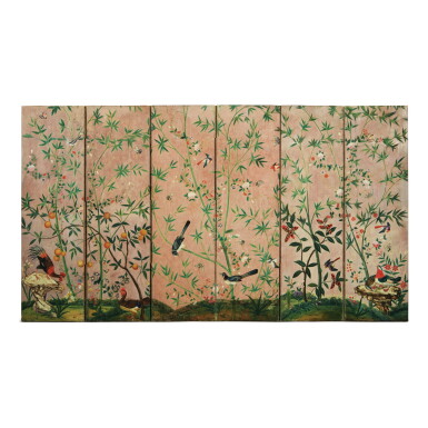 View full screen - View 1 of Lot 822. A SIX-FOLD PAINTED AND CHINESE WALLPAPER DECOUPAGE SCREEN, THE WALLPAPER LATE 18TH/19TH CENTURY.