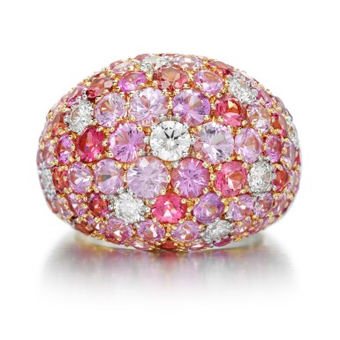 View full screen - View 1 of Lot 17. PINK SAPPHIRE, TOURMALINE AND DIAMOND RING.