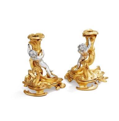 View full screen - View 1 of Lot 78. A PAIR OF LOUIS XV STYLE SILVERED AND GILT-BRONZE CANDLESTICKS, MID 19TH CENTURY | PAIRE DE FLAMBEAUX EN BRONZE DORÉ ET ARGENTÉ DE STYLE LOUIS XV, , MILIEU DU XIXE SIÈCLE.