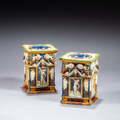 View full screen - View 1 of Lot 138. A pair of French post-Palissy pottery salt-cellars, circa 1600-1650.
