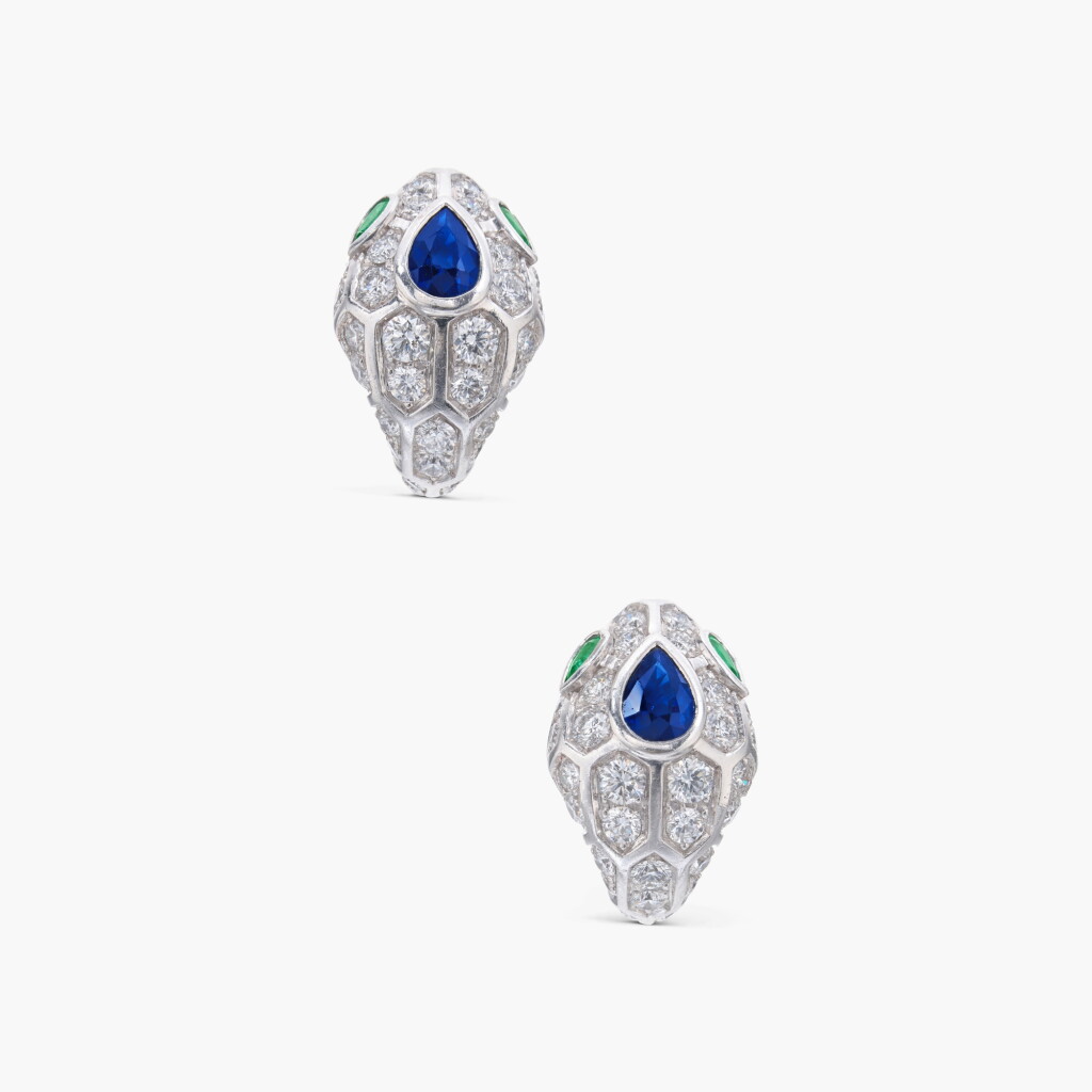 View full screen - View 1 of Lot 703. Pair of Sapphire, Emerald and Diamond ‘Serpenti Seduttore’ Earrings.