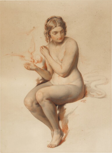 View full screen - View 1 of Lot 238. Study of Eve feeding a dove with a serpent nearby.