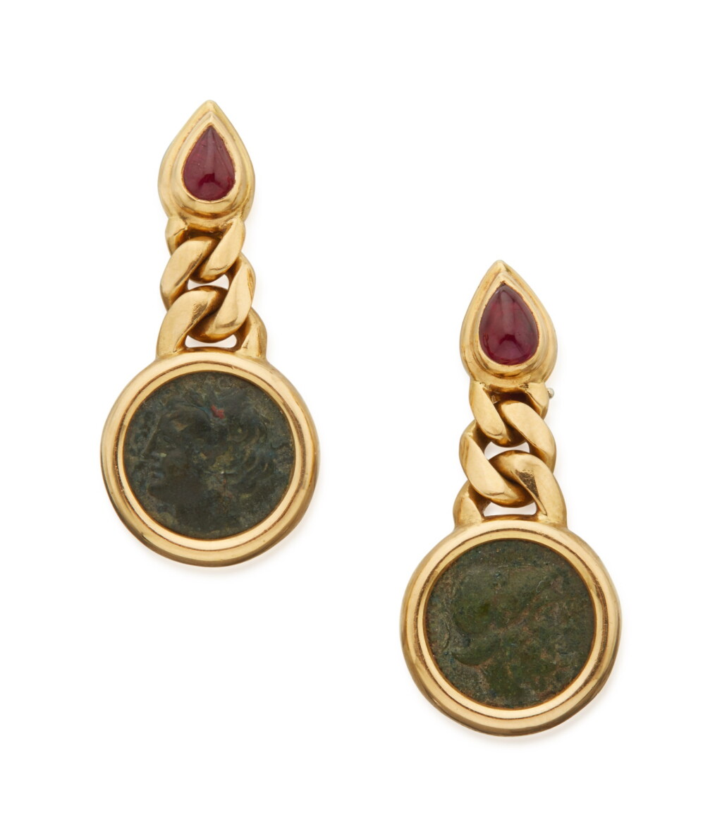 View full screen - View 1 of Lot 27. PAIR OF GOLD, RUBY AND ANCIENT COIN 'MONETE' EARCLIPS, BULGARI.