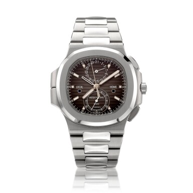 View full screen - View 1 of Lot 66. Reference 5990/1A-001, Retailed by Tiffany & Co.: A stainless steel automatic dual time flyback chronograph wristwatch with date, day and night indication, and bracelet, Circa 2018 百達翡麗 5990/1A-001型號精鋼自動上鏈兩地時間飛返計時鍊帶腕錶備日期及晝夜顯示,約2018年製,零售商為蒂芙尼.