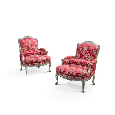 View full screen - View 1 of Lot 115. A pair of Louis XV large beechwood white and blue lacquered bergères à la reine, circa 1750, stamped by Jean-Baptiste Gourdin .