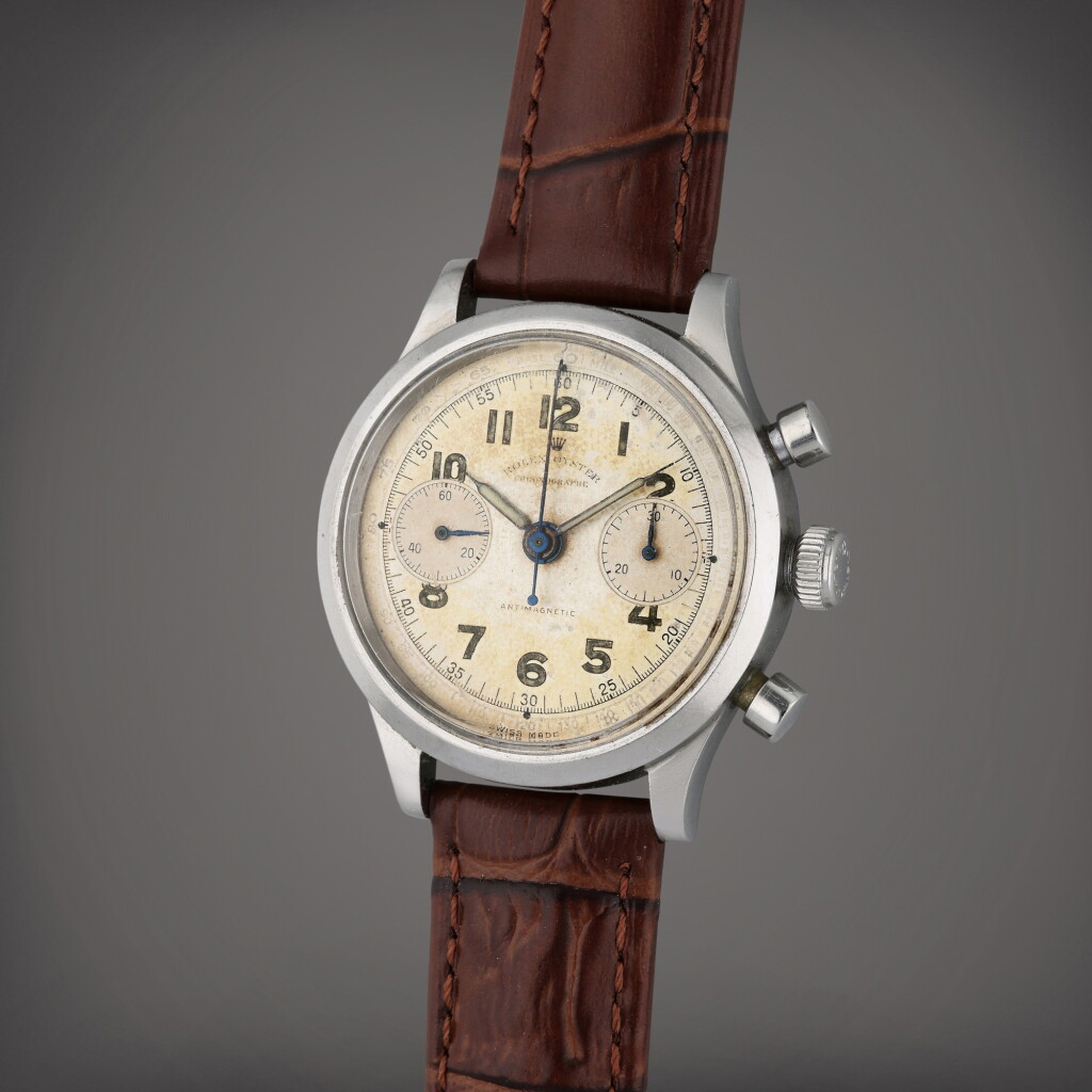 View full screen - View 1 of Lot 46. Reference 3525 'Monoblocco' | A stainless steel chronograph wristwatch with registers, Circa 1942.