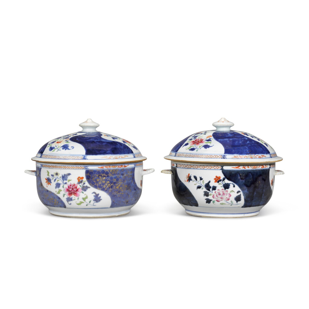 View full screen - View 1 of Lot 286. A pair of famille-rose oval tureens and covers, Qing dynasty, 18th century.