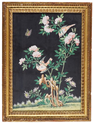 View full screen - View 1 of Lot 93. A Chinese Export painting of finches and a butterfly on a rose bush, 19th century.