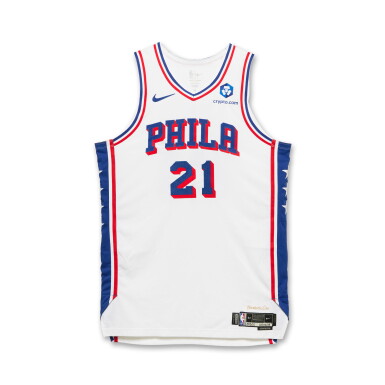 View full screen - View 1 of Lot 13. Joel Embiid Philadelphia 76ers 2025-2026 NBA Tip-Off Game Worn Association Edition Jersey.