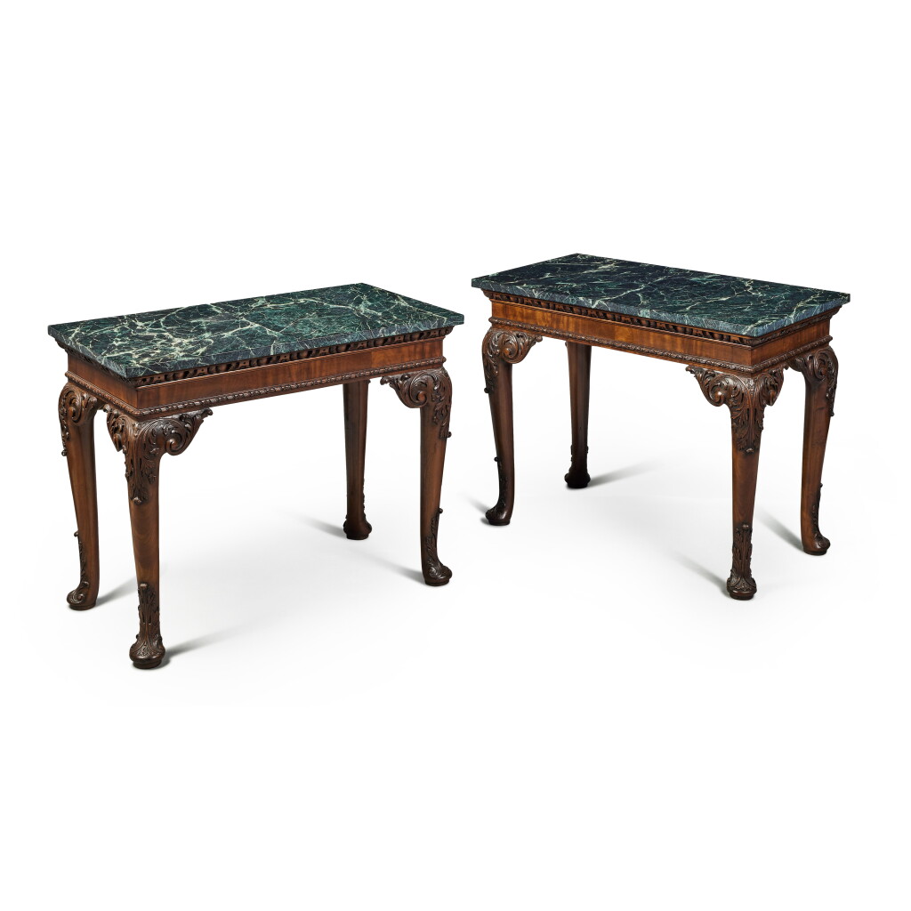 View full screen - View 1 of Lot 44. A Pair of George II Style Mahogany Console Tables, probably second half 19th Century.