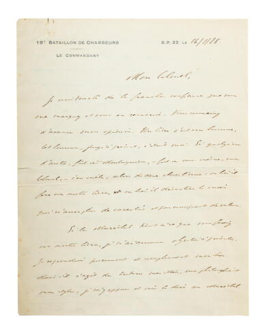 View full screen - View 1 of Lot 89. Lettre autographe signée au colonel Audet, 16 janvier 1928. À propos d'une "querelle" avec le maréchal Pétain quant à la paternité de leurs écrits respectifs..