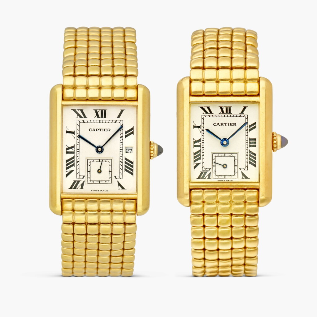 View full screen - View 1 of Lot 2500. Tank Louis ‘His and Hers’, Reference 8110 | A set of two wristwatches, first a yellow gold wristwatch with date and bracelet, second a yellow gold wristwatch with bracelet, Circa 1994.