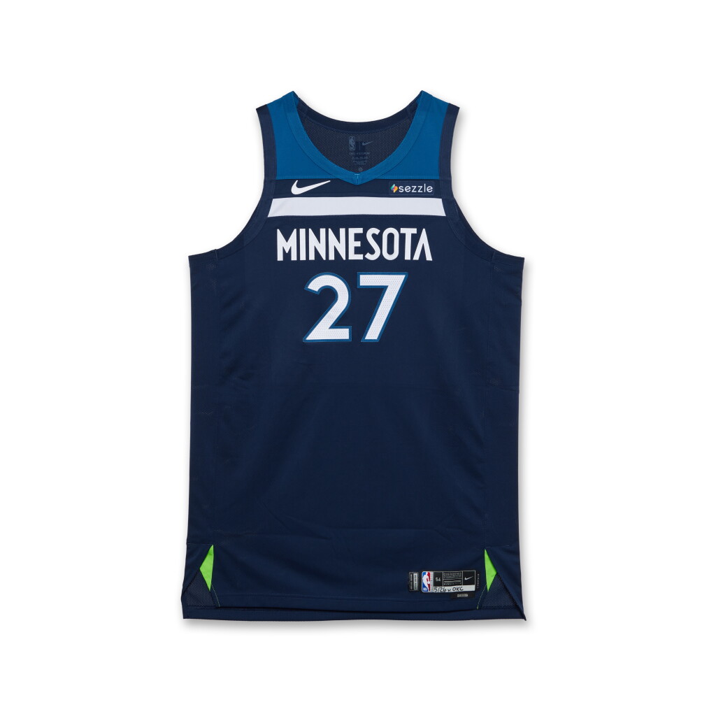 View full screen - View 1 of Lot 67. Rudy Gobert Minnesota Timberwolves 2025 NBA Playoffs Western Conference Finals Game Worn Icon Edition Jersey | Games 3 and 4 | Matched to 2 Playoff Games.