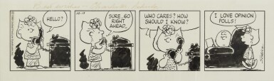 View full screen - View 1 of Lot 180. SCHULZ, CHARLES | Original four-panel Peanuts comic strip signed by Schulz.